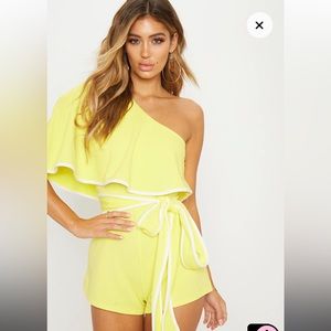 Small PLT Yellow contrast one shoulder romper. New, never worn, with tag